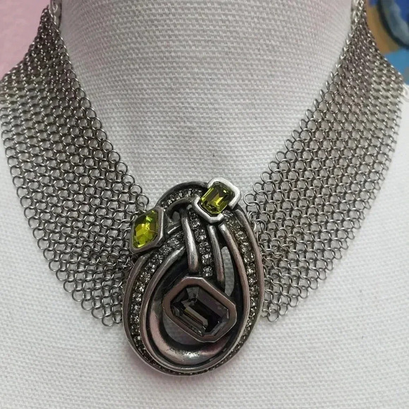 Silver Mesh Gray/Green Crystal Statement Necklace - Picture 1 of 3